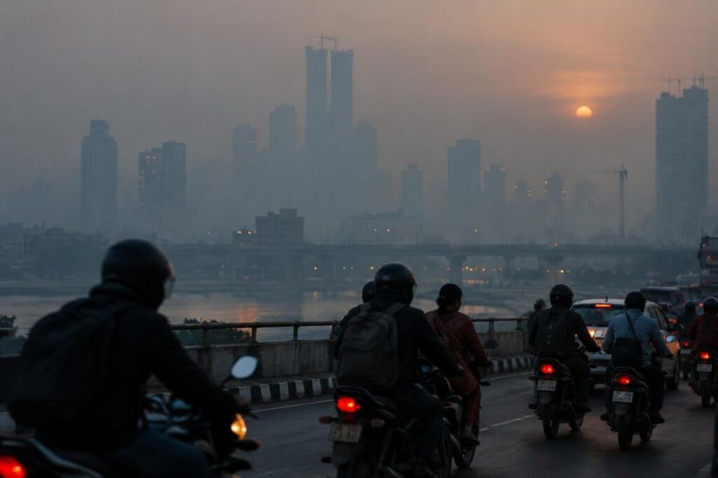 Commuters on a smog-covered Delhi road