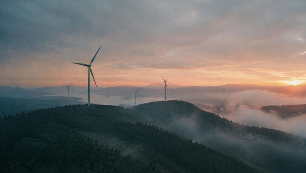 Wind turbines on a misty ridge at sunrise