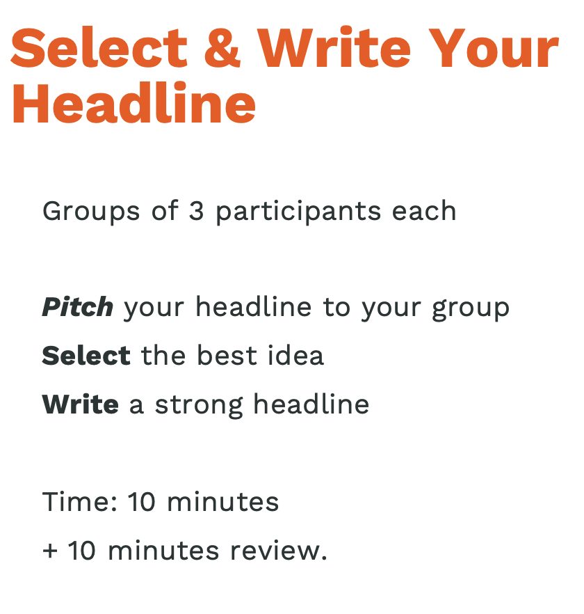 Workshop slide: Select and write your headline