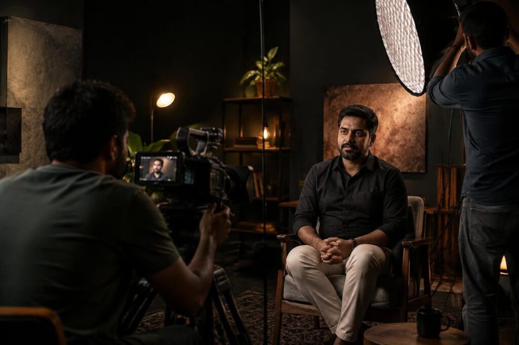 Camera crew filming an interview